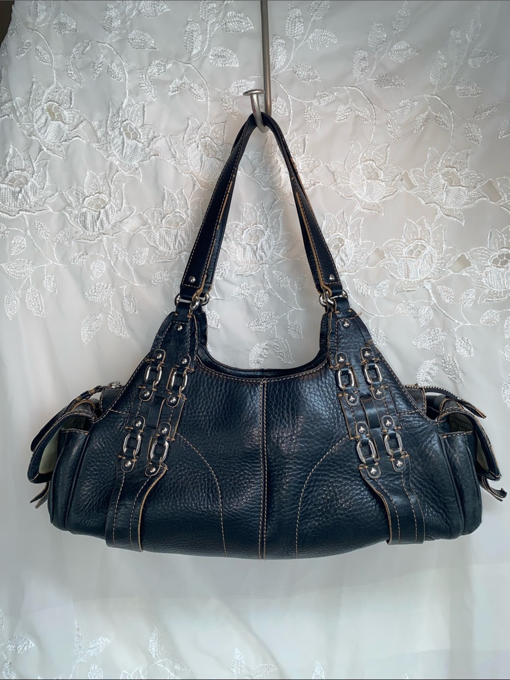 Cole Haan Black Pebbled Leather Shoulder Bag with Silver Hardware
